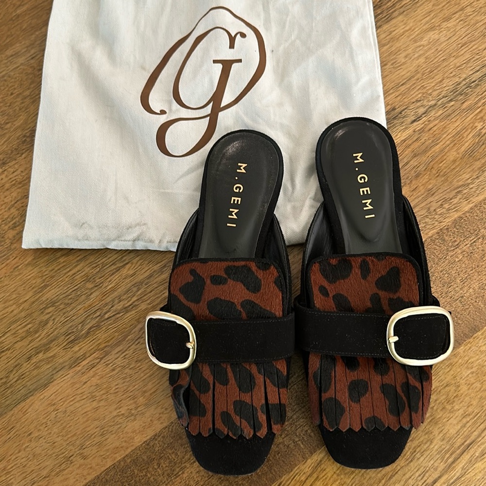 M. Gemi Slip-on Flats Black Suede and Animal Print 35 1/2